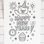 Close-up of the bear-themed &ldquo;Happy New Year&rdquo; coloring page displayed against a white subway-tile background, showcasing fireworks, stars, a clock, a cupcake, and a party horn.
