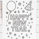 A &ldquo;Happy New Year&rdquo; coloring page displayed against a white subway-tile backdrop, featuring a balloon, party hat, stars, confetti, and swirling streamers.