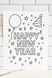 A &ldquo;Happy New Year&rdquo; coloring page displayed against a white subway-tile backdrop, featuring a balloon, party hat, stars, confetti, and swirling streamers.