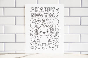 A festive axolotl-themed &ldquo;Happy New Year&rdquo; coloring page displayed against a white tile wall, featuring balloons, confetti, stars, streamers, and party decorations.