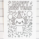 A close-up view of the axolotl &ldquo;Happy New Year&rdquo; coloring page, showing the smiling axolotl in a party hat surrounded by balloons, bunting, streamers, stars, and confetti.