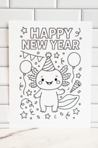 A close-up view of the axolotl &ldquo;Happy New Year&rdquo; coloring page, showing the smiling axolotl in a party hat surrounded by balloons, bunting, streamers, stars, and confetti.