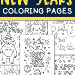 A collage-style Pinterest graphic titled &ldquo;Free New Years Coloring Pages&rdquo; in navy, yellow, and white, featuring multiple New Year-themed coloring sheets with animals, fireworks, balloons, and party hats.