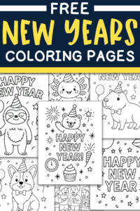 A collage-style Pinterest graphic titled &ldquo;Free New Years Coloring Pages&rdquo; in navy, yellow, and white, featuring multiple New Year-themed coloring sheets with animals, fireworks, balloons, and party hats.