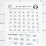 Alt text: A New Year's word search printable in black-and-white line art style, set against a white subway tile background, showing the word search grid and themed icons like a top hat, disco ball, and party items.