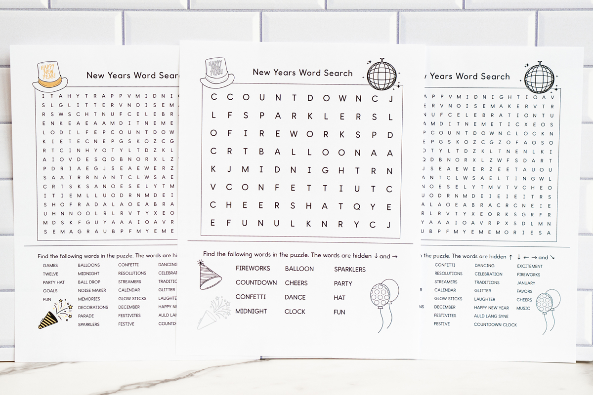 Alt text: Three New Year’s word search printables side-by-side, showing both the detailed and simplified versions with festive illustrations, set against a white subway tile background.