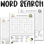 Alt text: A promotional graphic showing three New Year’s word search printables arranged in a staggered layout with the title “Free New Years Word Search” in bold black lettering above them.