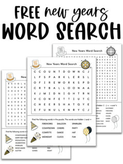Alt text: A promotional graphic showing three New Year&rsquo;s word search printables arranged in a staggered layout with the title &ldquo;Free New Years Word Search&rdquo; in bold black lettering above them.