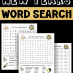 Alt text: A gold-and-black themed Pinterest graphic reading “Free Printable New Years Word Search,” featuring three New Year’s word search printables layered in the center.