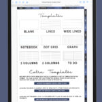 iPad screen displaying the Templates section of the portrait digital planner, featuring blank, lined, wide lined, notebook, dot grid, graph, and column layouts, with tabs for each month along the right edge.