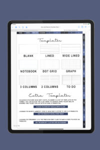iPad screen displaying the Templates section of the portrait digital planner, featuring blank, lined, wide lined, notebook, dot grid, graph, and column layouts, with tabs for each month along the right edge.