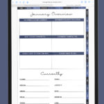 iPad showing the January Overview page, including reflection prompts for accomplishments, challenges, goals, gratitude, people to see, places to visit, and a &ldquo;Currently&rdquo; list with lifestyle categories.