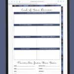 iPad displaying the End of Year Review page from the portrait digital planner, with sections for memories, accomplishments, lessons learned, difficult moments, people spent time with, places visited, and yearly favorites.