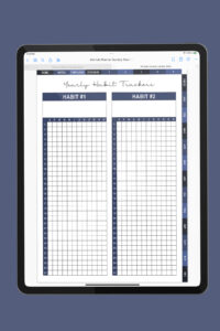 iPad showing the Yearly Habit Tracker spread, featuring two side-by-side habit charts with numbered rows and monthly columns for tracking progress across the entire year.