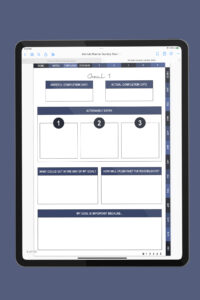 iPad displaying a goal-setting page labeled &ldquo;Goal 1,&rdquo; including completion date boxes, three actionable steps, space to consider roadblocks, and a prompt explaining why the goal matters.