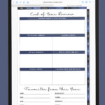 iPad showing the End of Year Review page from the portrait digital planner, including sections for memories, accomplishments, lessons learned, challenges, people, places visited, and favorite things from the year.