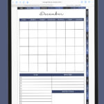 iPad displaying the December monthly overview page of the portrait digital planner, featuring a clean monthly grid, to-do section, important notes, and a monthly focus box.