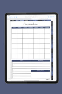 iPad screen with the November monthly layout from the portrait digital planner, showing a full blank monthly calendar grid, a to-do list, important section, and monthly focus space.
