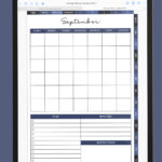 iPad showing the September monthly calendar page of the portrait digital planner, with an undated grid layout, to-do list, important notes area, and monthly focus section.