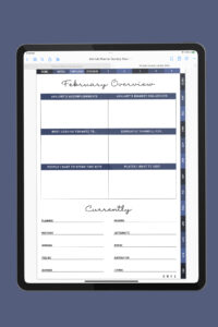 iPad showing the February Overview page from the portrait digital planner, including prompts for accomplishments, challenges, gratitude, goals, people to see, places to visit, and a &ldquo;Currently&rdquo; list with lifestyle prompts.