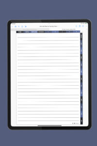 iPad displaying a lined notes page from the portrait digital planner, featuring a clean minimalist layout with simple horizontal writing lines and monthly tabs on the right side.