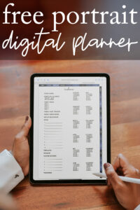 A Pinterest promotional graphic featuring a person holding an iPad with a stylus while browsing the digital planner&rsquo;s index page. The wooden tabletop and warm lighting create a cozy atmosphere, and large text at the top reads &ldquo;free portrait digital planner.&rdquo;