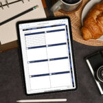 Cozy flat-lay of an iPad showing the January weekly layout from the digital planner next to a croissant, cup of coffee, pencil, vintage camera, and an open lined notebook.