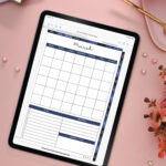 iPad on a pink desk showing the March monthly calendar page from the digital planner, surrounded by a cup of coffee, spiral notebook, flowers, and scattered pearls.