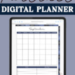 A Pinterest-style graphic advertising a free portrait digital planner. The image shows an iPad with a September monthly digital planner page open, set against a muted blue background. Bold text at the top reads &ldquo;FREE Portrait DIGITAL PLANNER.&rdquo; An Apple Pencil rests along the right side of the iPad.