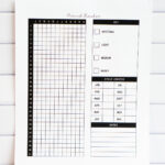Yearly period tracker printable displayed against a white subway tile backdrop. The page features a 31-day vertical grid labeled with months, a simple flow-level key for spotting through heavy, a monthly cycle length chart, and a lined notes section at the bottom.