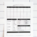 Printed monthly period tracker page displayed against a white subway tile background. The page features a blank monthly calendar grid, a symptom key including spotting, cramps, mood swings, and more, a section to rate the month&rsquo;s period (on time, early, late, normal, worse, better), a period stats table, and a large notes area at the bottom.