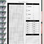 Yearly period tracker in a disc-bound planner featuring a tall monthly tracking grid, symptom key with flow-level checkboxes, cycle length table, and lined notes area, shown with February and March tabs on the right.