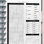 A printable period tracker page inserted into a ring-bound planner, featuring a full-year grid on the left and symptom checkboxes, cycle length chart, and notes section on the right. Planner tabs for February and March peek out along the side.