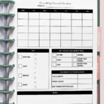 Monthly period tracker layout inserted into a disc-bound planner with an empty calendar grid, blank symptom key, period overview checkboxes, and period stats section, shown with February and March planner tabs.