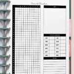 Yearly period tracker layout inside a disc-bound planner with a vertical grid for tracking flow levels, a blank symptom key, cycle length chart, and notes section, displayed against a soft pink background.