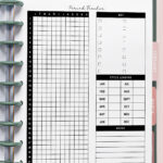 Yearly period tracker printable inside a disc-bound planner with symptom checkboxes for spotting, light, medium, and heavy, alongside a 12-month cycle length chart and notes section.