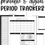 A promotional collage displaying multiple black-and-white printable period tracker designs beneath bold text reading &ldquo;Free Printable & Digital Period Trackers.&rdquo;