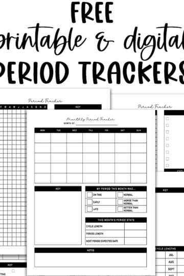 A promotional collage displaying multiple black-and-white printable period tracker designs beneath bold text reading “Free Printable & Digital Period Trackers.”