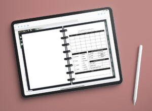 Mockup of a digital planner displayed on an iPad lying on a mauve surface, with an Apple Pencil beside it; the right page shows a black-and-white monthly period tracker layout, featuring a monthly calendar grid, symptom key checkboxes, period stats sections, and notes area, all inside a digital disc-bound notebook design.