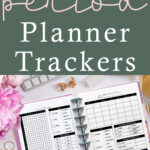 A styled graphic with the text &ldquo;11 Free Period Planner Trackers&rdquo; above an open planner showing two printable period tracker layouts. Pink peonies, gold rings, a keyboard, and desk items surround the planner.