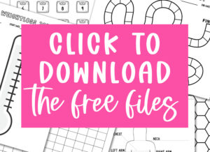 A pink box with white hand-lettered text reading CLICK TO DOWNLOAD THE FREE FILES placed over a collage of black-and-white weight loss tracker printables, including scales, hexagon charts, and thermometer trackers.