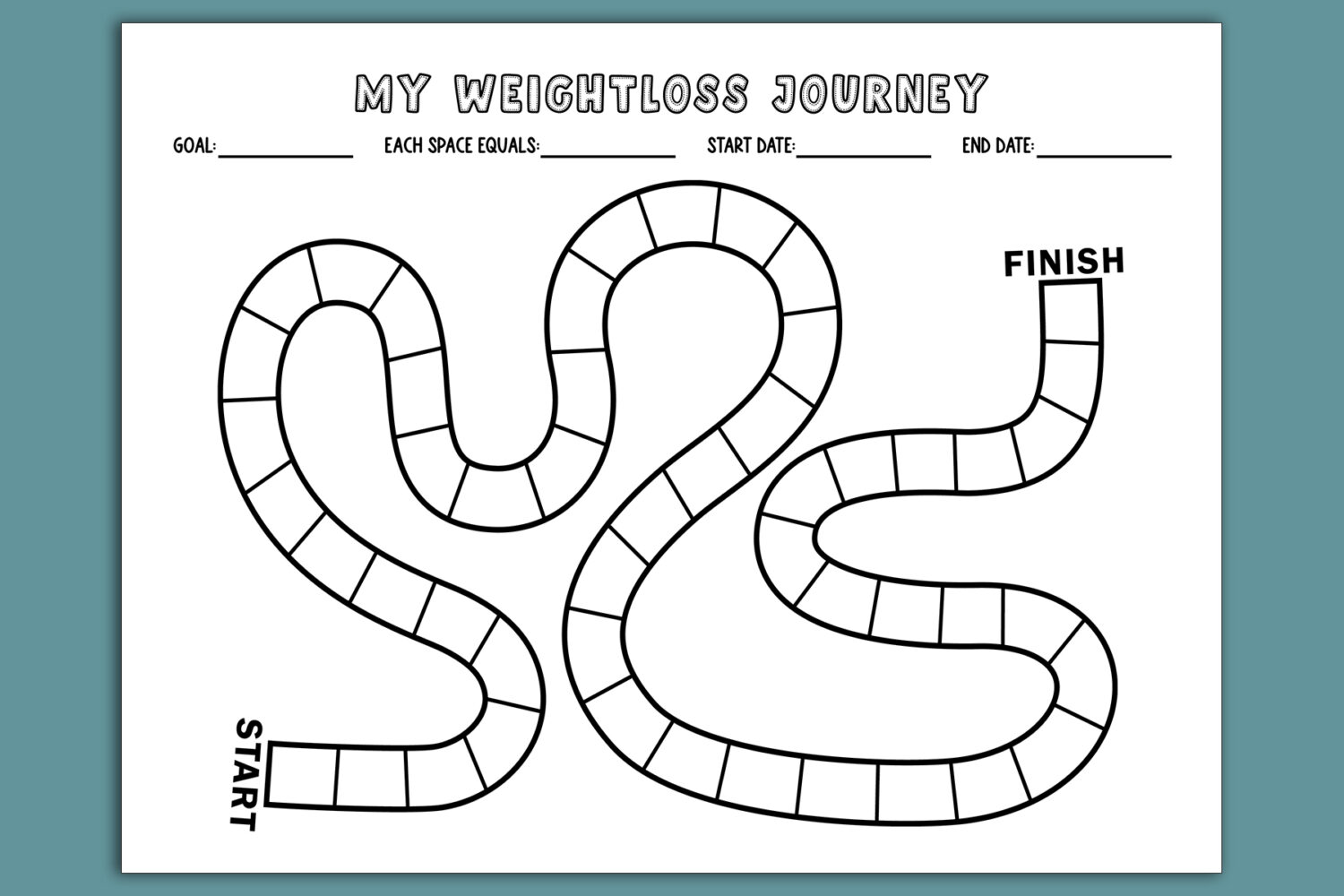 A board-game-style weight loss tracker titled MY WEIGHTLOSS JOURNEY with a winding path of empty boxes leading from START to FINISH and spaces to record a goal, what each space equals, start date, and end date.