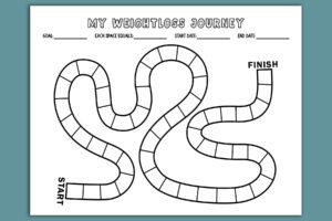 A board-game-style weight loss tracker titled MY WEIGHTLOSS JOURNEY with a winding path of empty boxes leading from START to FINISH and spaces to record a goal, what each space equals, start date, and end date.
