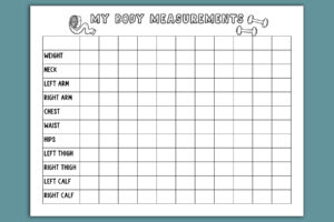 A landscape-style body measurement chart titled MY BODY MEASUREMENTS with a grid for tracking weight and measurements over time, including categories for neck, arms, chest, waist, hips, thighs, and calves, decorated with small icons of a tape measure and dumbbells.