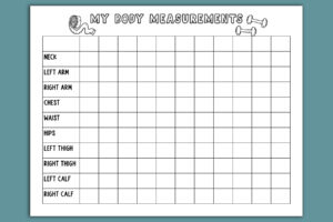 A landscape body measurement grid titled MY BODY MEASUREMENTS featuring rows for neck, arms, chest, waist, hips, thighs, and calves with blank grid cells for recording changes over time, decorated with tape measure and dumbbell illustrations.
