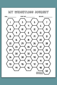 A hexagon-style weight loss tracker titled &ldquo;My Weightloss Journey,&rdquo; featuring numbered hexagons from 1 to 50 and spaces for goal, start date, and end date.