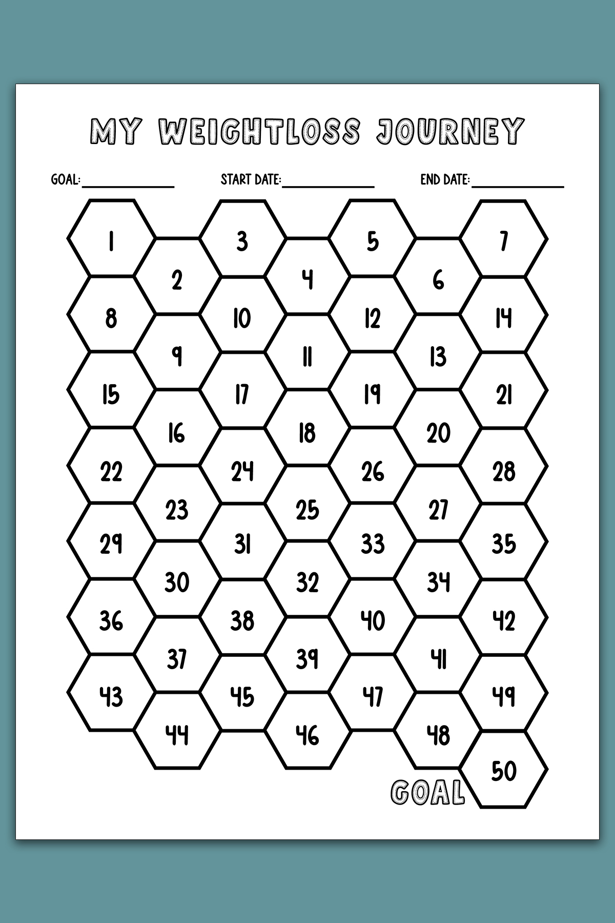 A hexagon-style weight loss tracker titled &ldquo;My Weightloss Journey,&rdquo; featuring numbered hexagons from 1 to 50 and spaces for goal, start date, and end date.