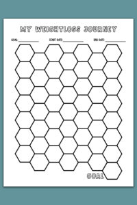 A blank hexagon weight loss tracker titled &ldquo;My Weightloss Journey,&rdquo; with empty hexagon shapes for custom numbers or goals and space to record goal, start date, and end date.
