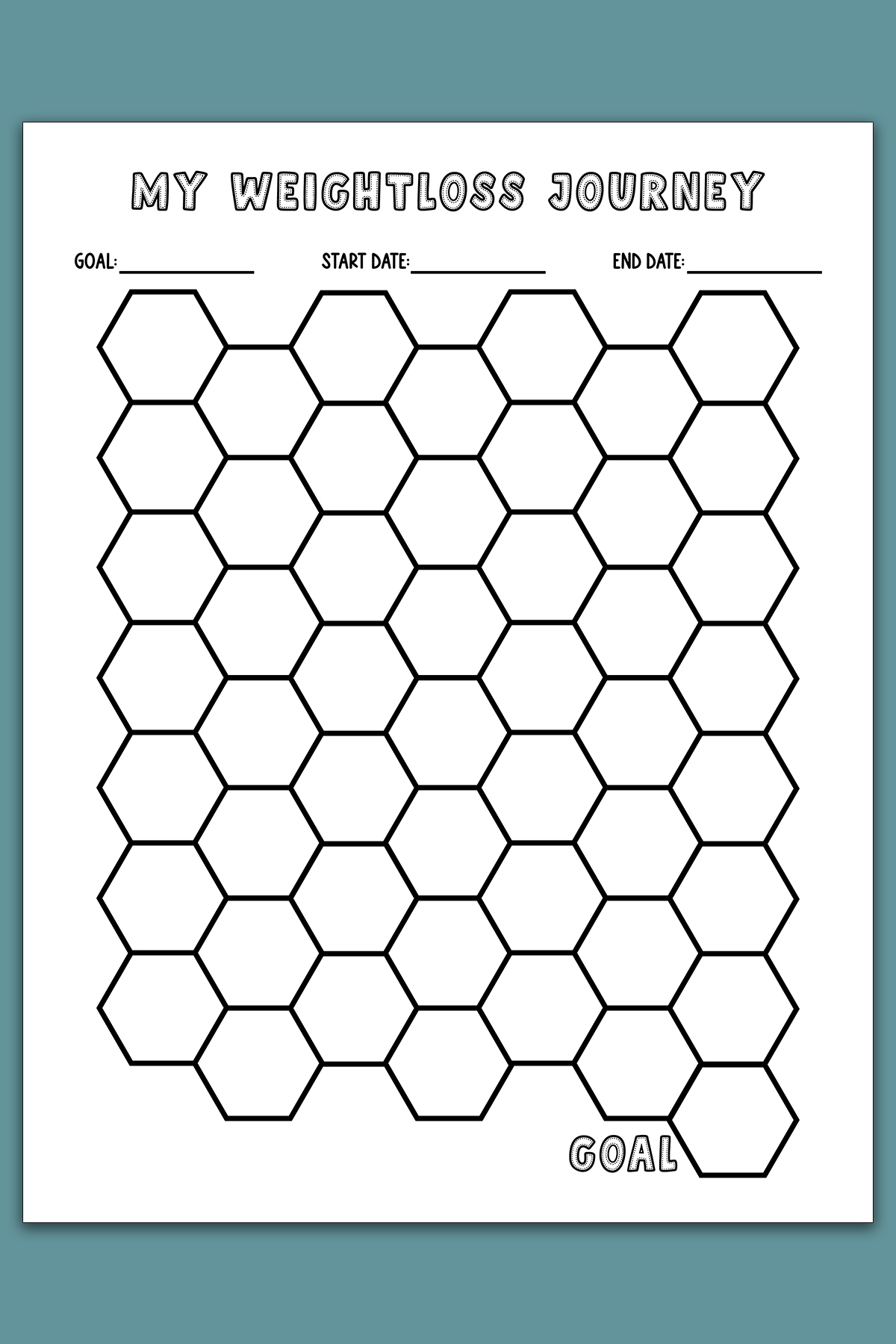 A blank hexagon weight loss tracker titled &ldquo;My Weightloss Journey,&rdquo; with empty hexagon shapes for custom numbers or goals and space to record goal, start date, and end date.