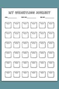 A weight loss tracker titled &ldquo;My Weightloss Journey&rdquo; featuring multiple rows of blank illustrated scale icons and space to record goal, start date, and end date.